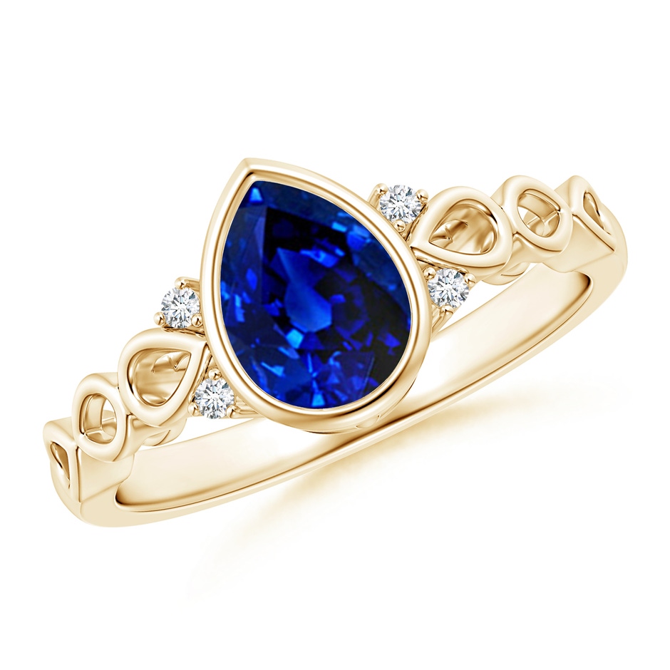 8x6mm Lab-Grown Bezel Set Vintage Pear Sapphire Ring with Diamond Accents in Yellow Gold 