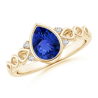 8x6mm AAA Bezel Set Vintage Pear Tanzanite Ring with Diamond Accents in Yellow Gold