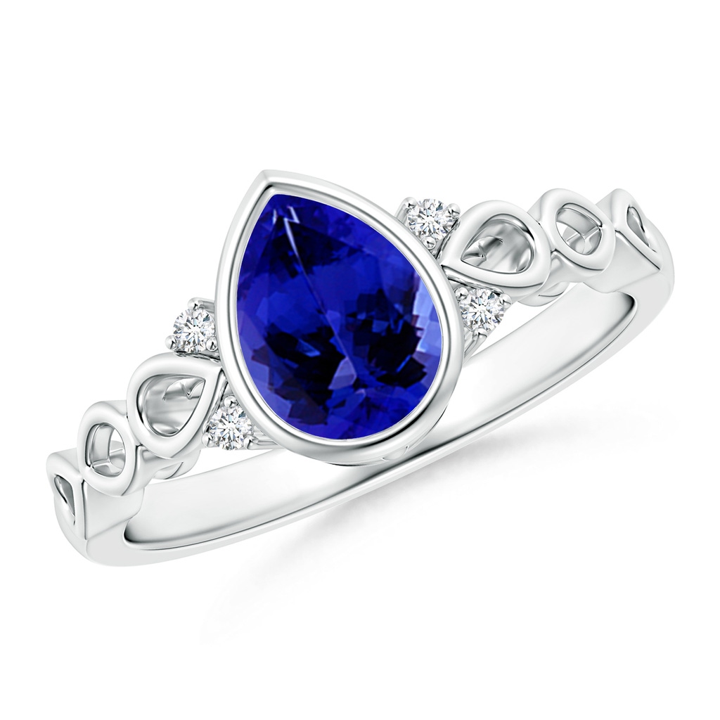 8x6mm AAAA Bezel Set Vintage Pear Tanzanite Ring with Diamond Accents in P950 Platinum