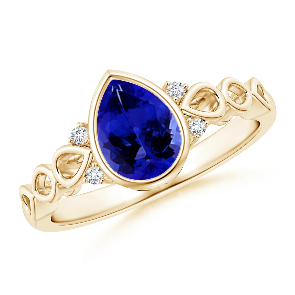 8x6mm AAAA Bezel Set Vintage Pear Tanzanite Ring with Diamond Accents in Yellow Gold