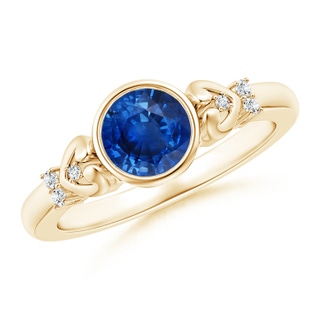 6mm AAA Bezel-Set Round Blue Sapphire Solitaire Ring with Diamonds in 9K Yellow Gold