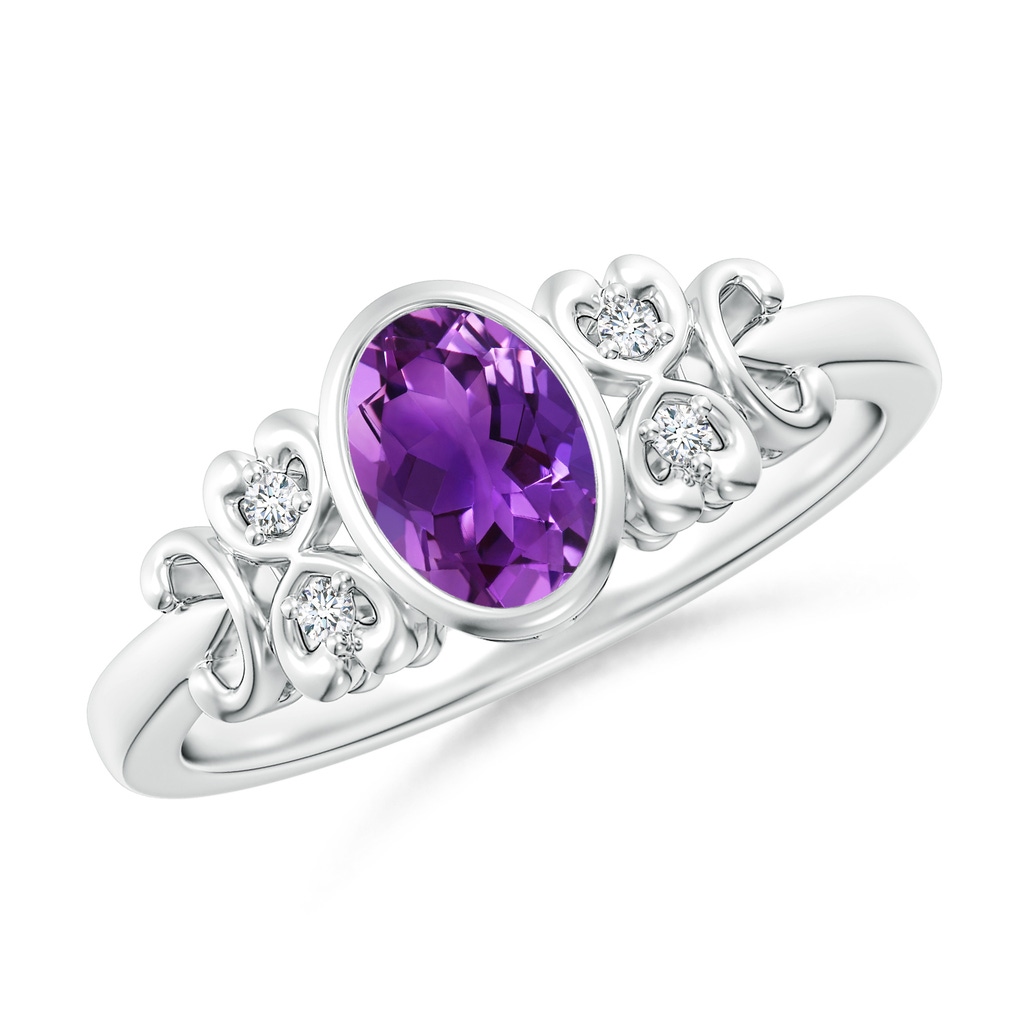 7x5mm AAAA Vintage Style Bezel-Set Oval Amethyst Ring with Diamonds in P950 Platinum
