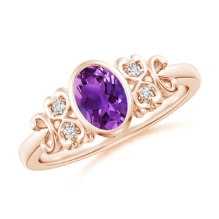 7x5mm AAAA Vintage Style Bezel-Set Oval Amethyst Ring with Diamonds in Rose Gold