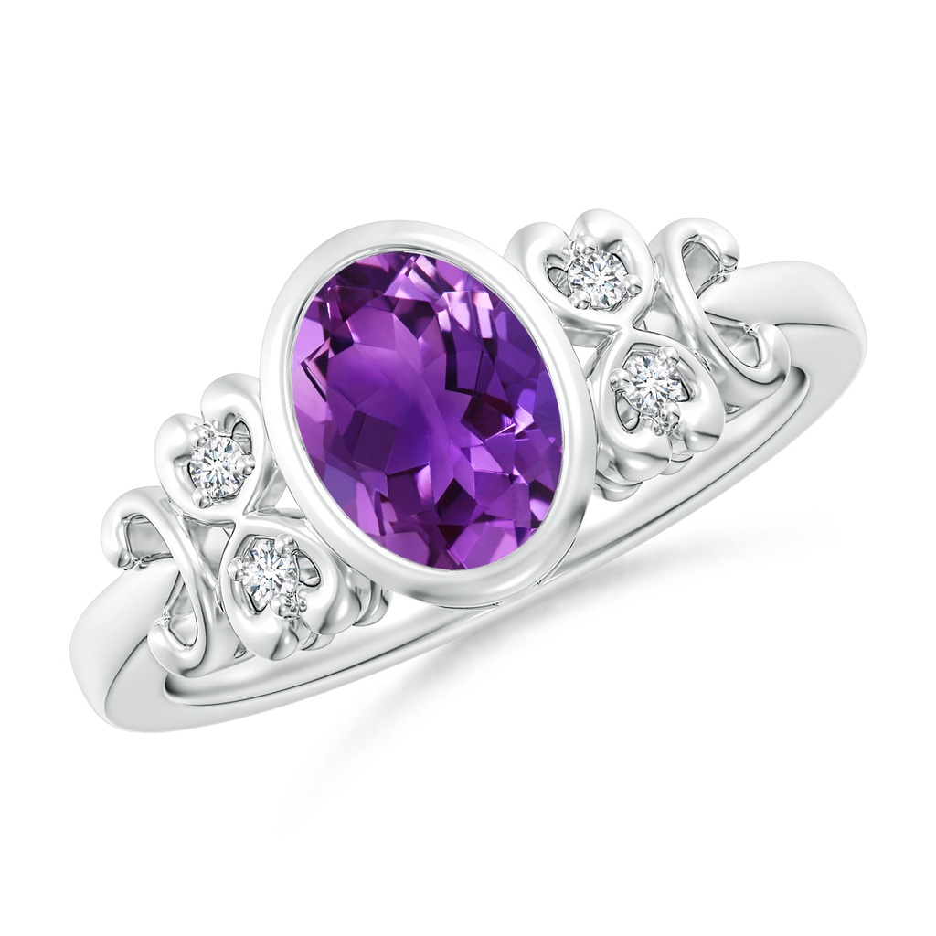 8x6mm AAAA Vintage Style Bezel-Set Oval Amethyst Ring with Diamonds in White Gold