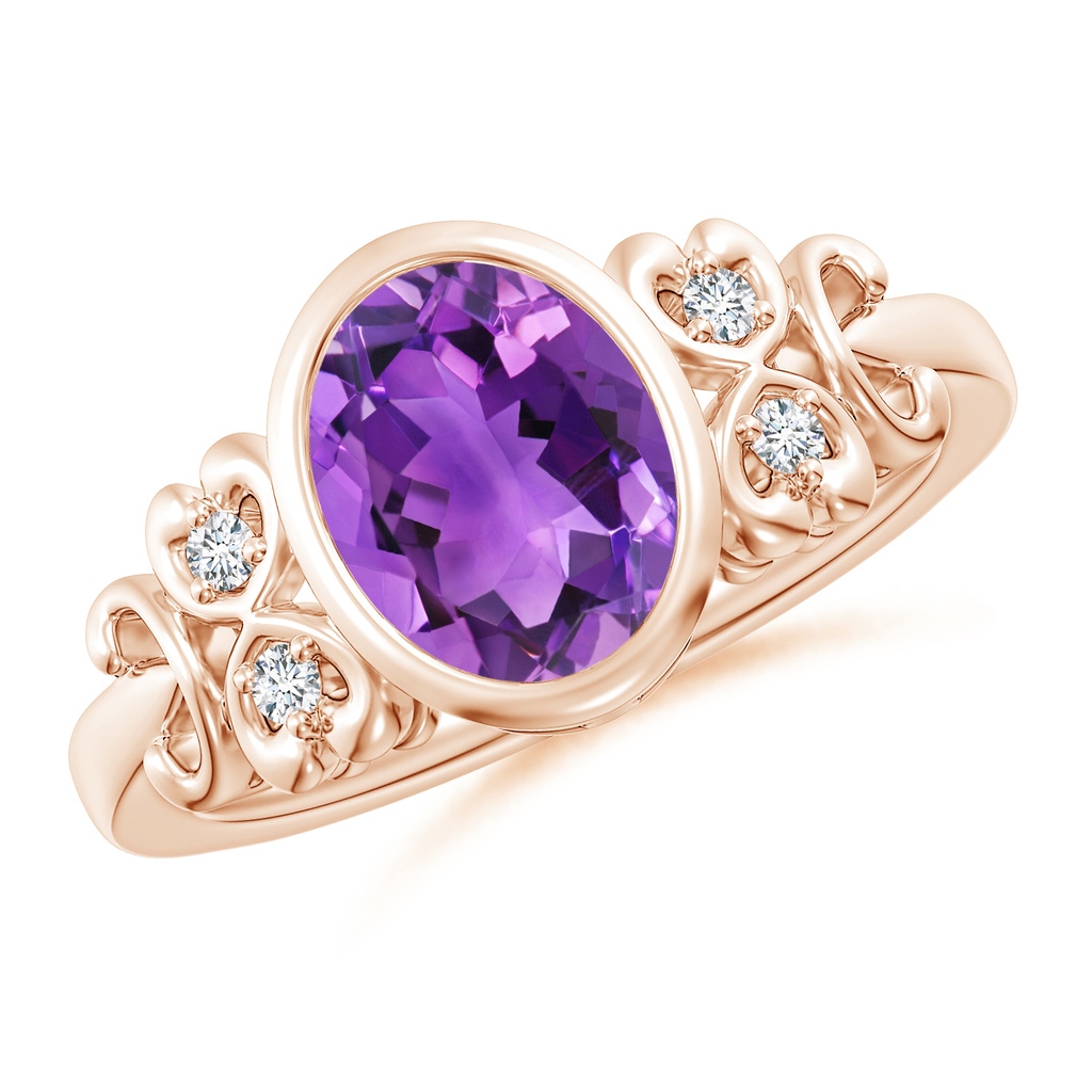 9x7mm AAA Vintage Style Bezel-Set Oval Amethyst Ring with Diamonds in Rose Gold