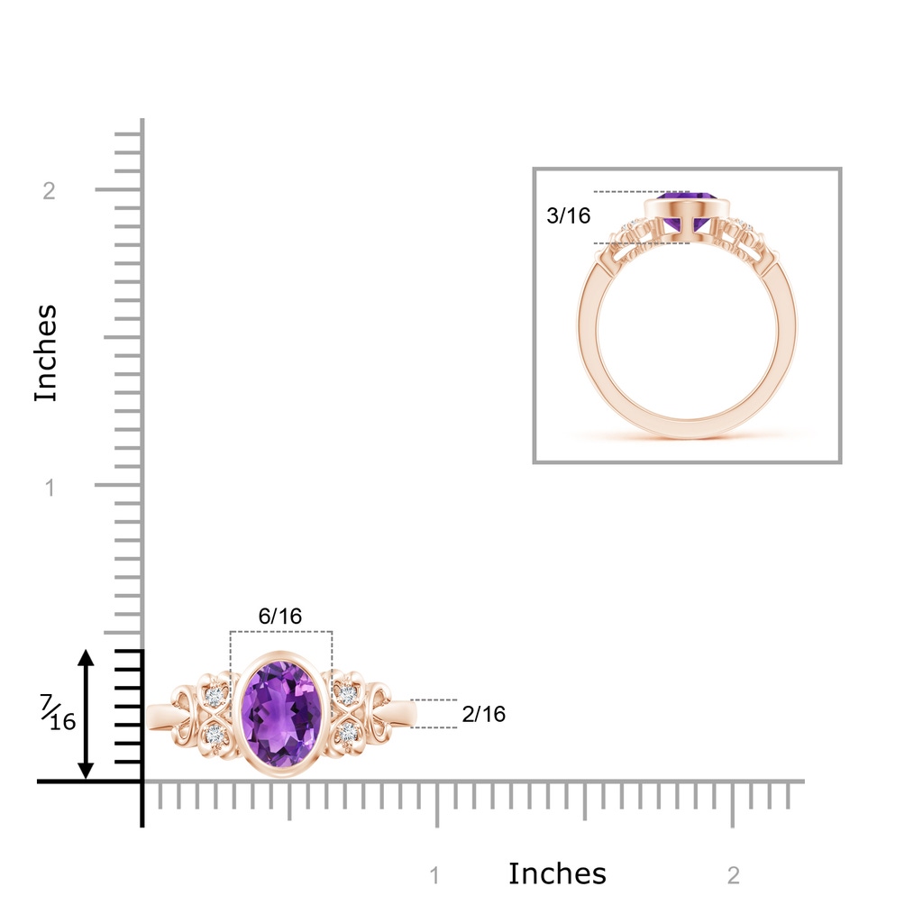 9x7mm AAA Vintage Style Bezel-Set Oval Amethyst Ring with Diamonds in Rose Gold Ruler