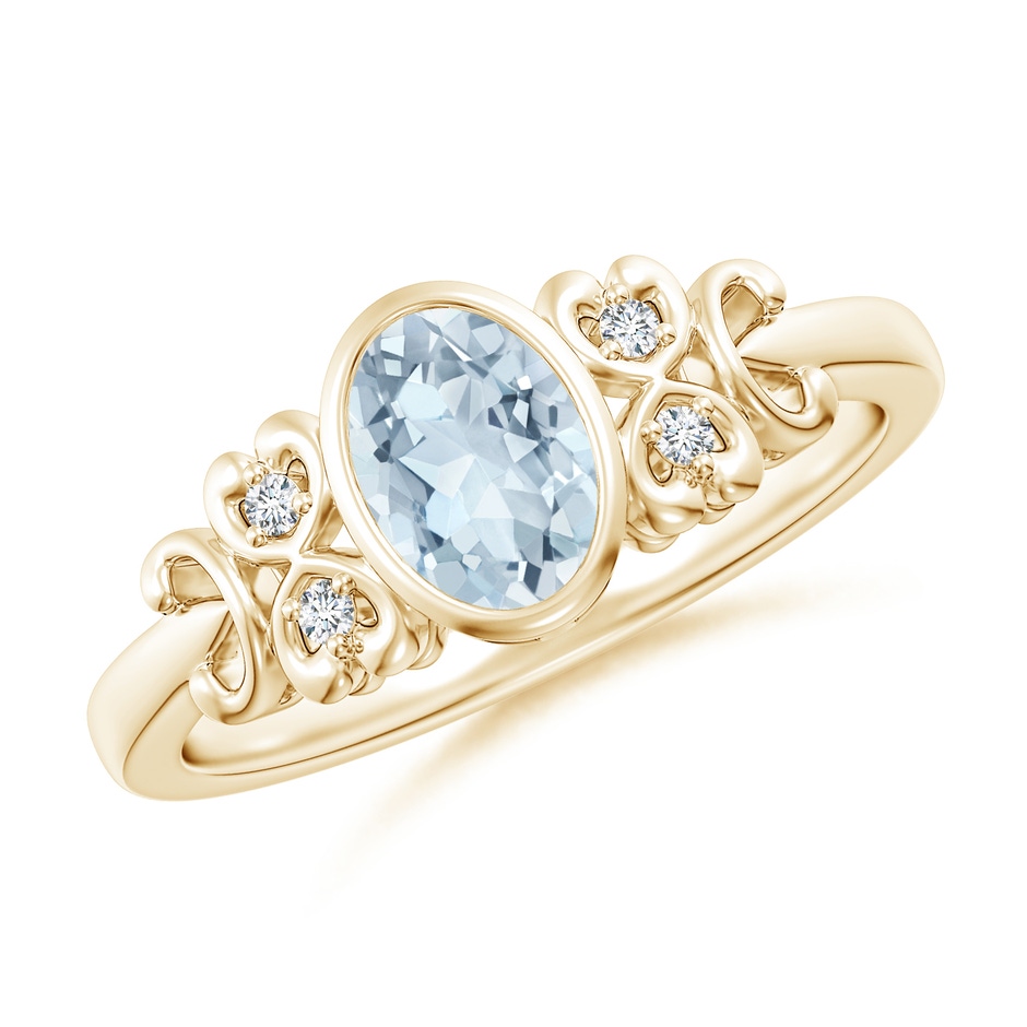 7x5mm A Vintage Style Bezel-Set Oval Aquamarine Ring with Diamonds in Yellow Gold 