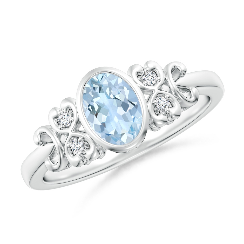 7x5mm AA Vintage Style Bezel-Set Oval Aquamarine Ring with Diamonds in White Gold 