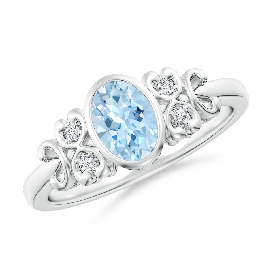 7x5mm AAA Vintage Style Bezel-Set Oval Aquamarine Ring with Diamonds in White Gold 