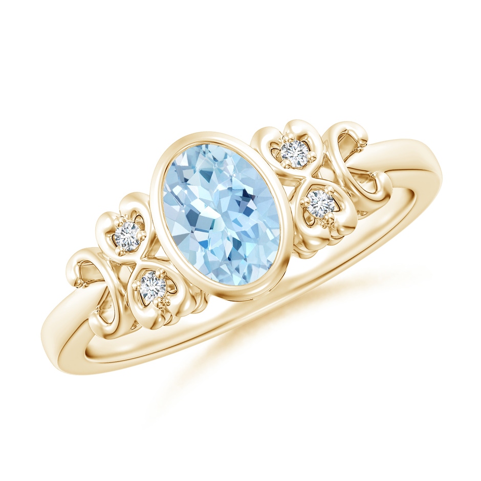 7x5mm AAA Vintage Style Bezel-Set Oval Aquamarine Ring with Diamonds in Yellow Gold 