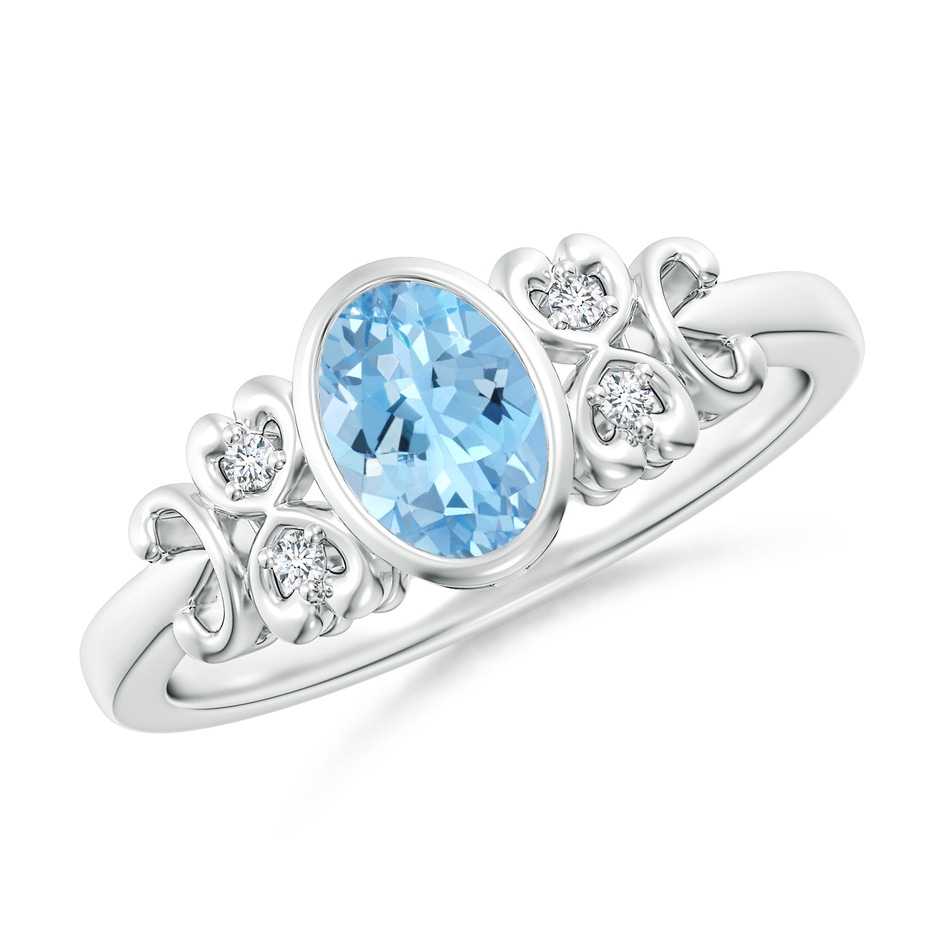 7x5mm AAAA Vintage Style Bezel-Set Oval Aquamarine Ring with Diamonds in White Gold 
