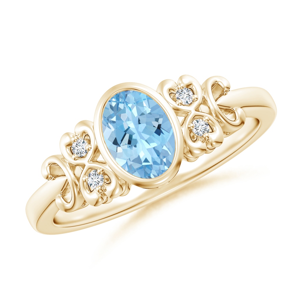 7x5mm AAAA Vintage Style Bezel-Set Oval Aquamarine Ring with Diamonds in Yellow Gold