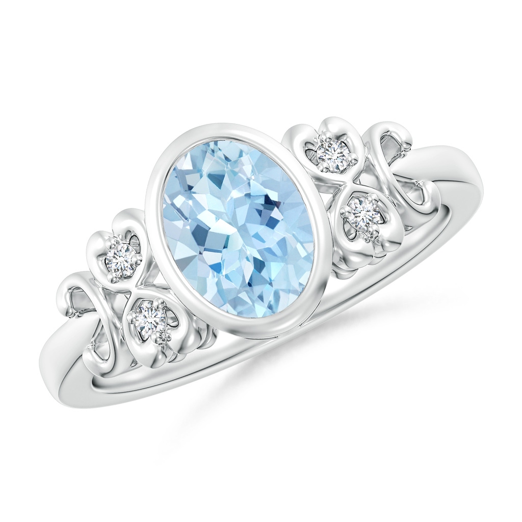 8x6mm AAA Vintage Style Bezel-Set Oval Aquamarine Ring with Diamonds in White Gold