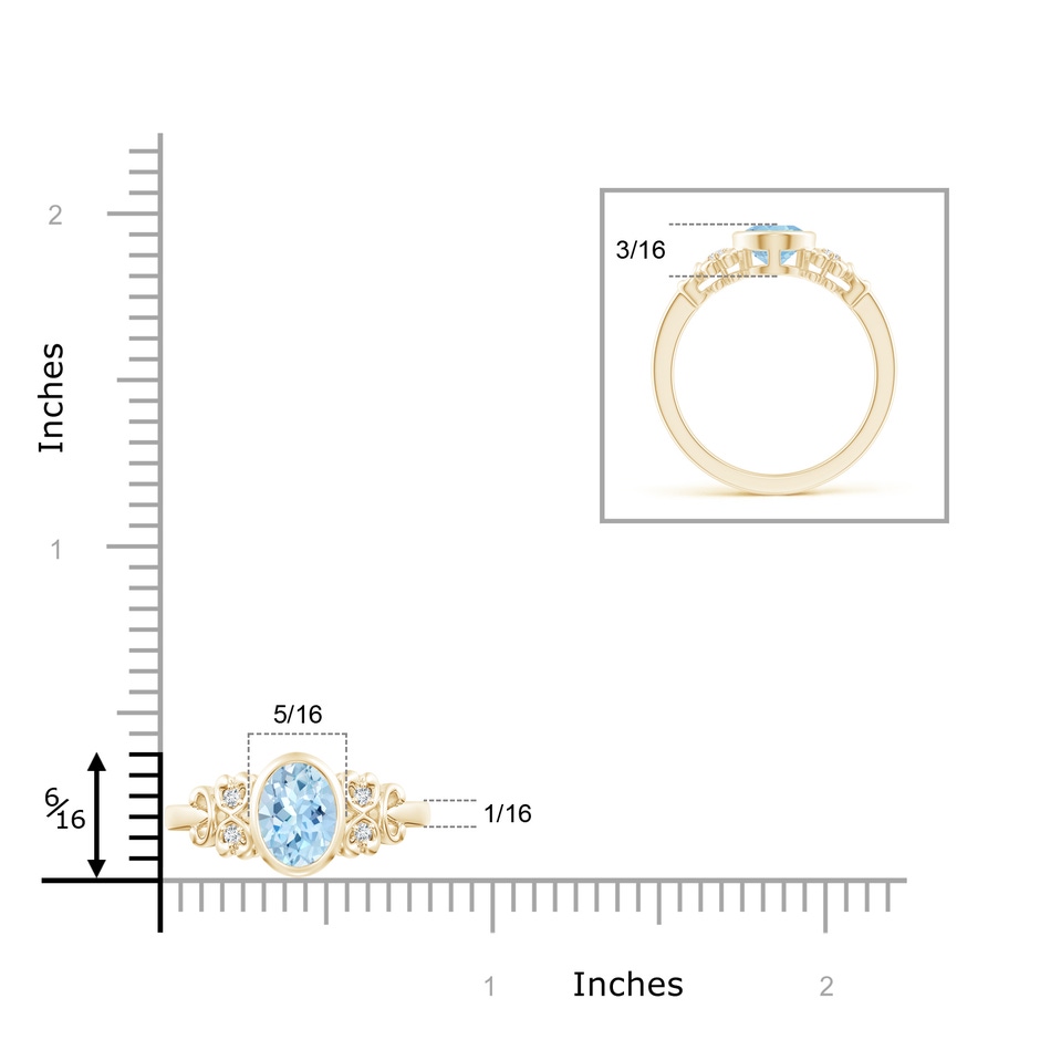 8x6mm AAA Vintage Style Bezel-Set Oval Aquamarine Ring with Diamonds in Yellow Gold ruler