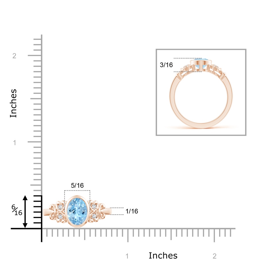 8x6mm AAAA Vintage Style Bezel-Set Oval Aquamarine Ring with Diamonds in Rose Gold ruler