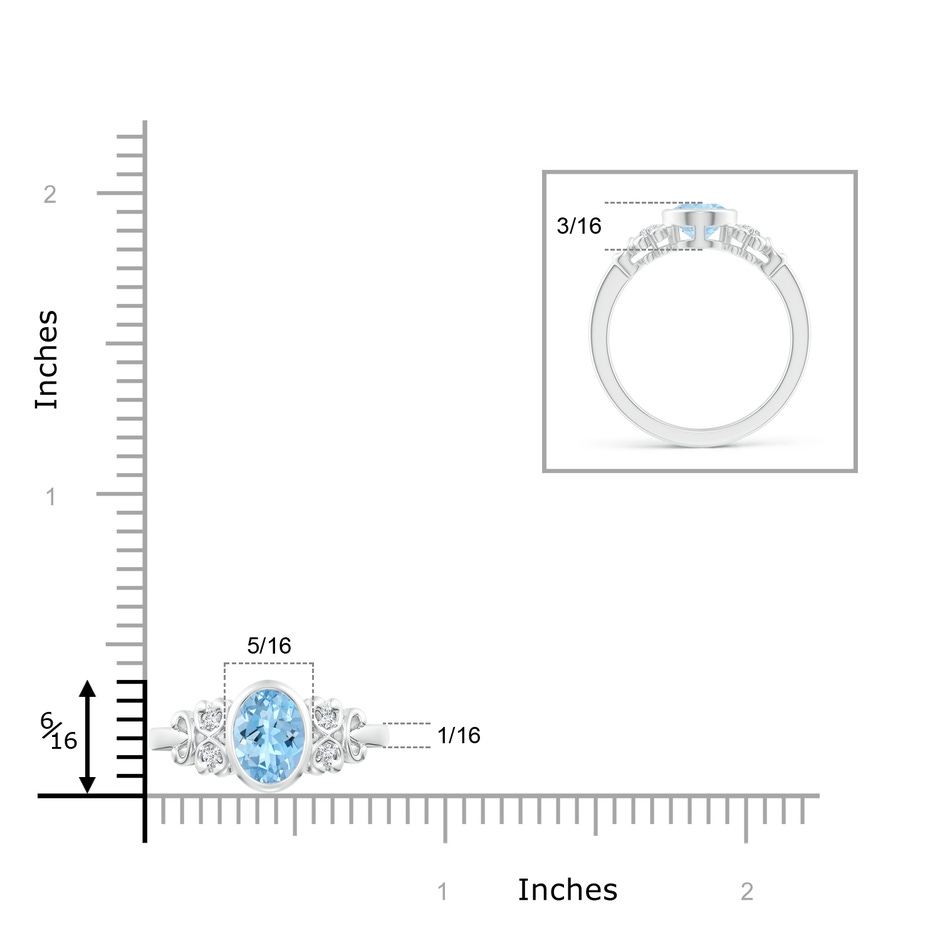 8x6mm AAAA Vintage Style Bezel-Set Oval Aquamarine Ring with Diamonds in White Gold ruler