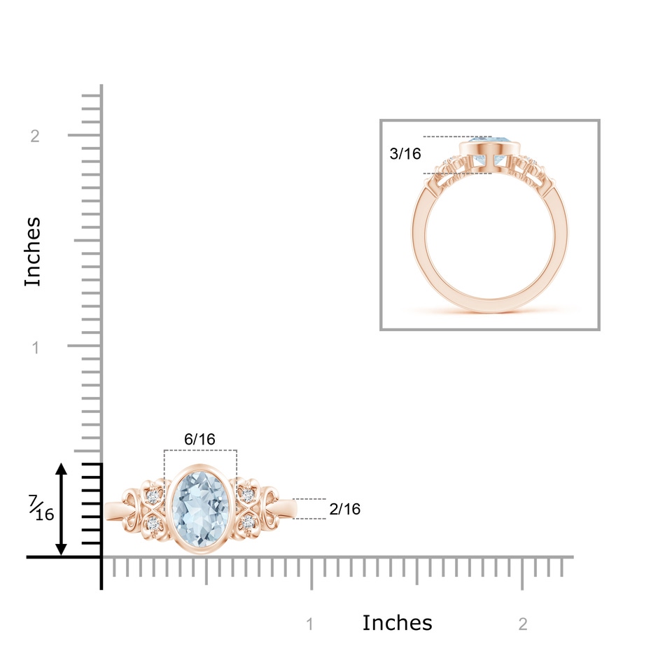 9x7mm A Vintage Style Bezel-Set Oval Aquamarine Ring with Diamonds in Rose Gold ruler