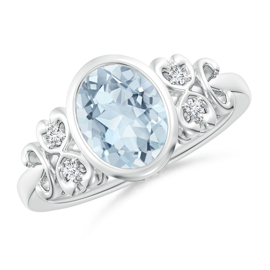 9x7mm A Vintage Style Bezel-Set Oval Aquamarine Ring with Diamonds in White Gold 