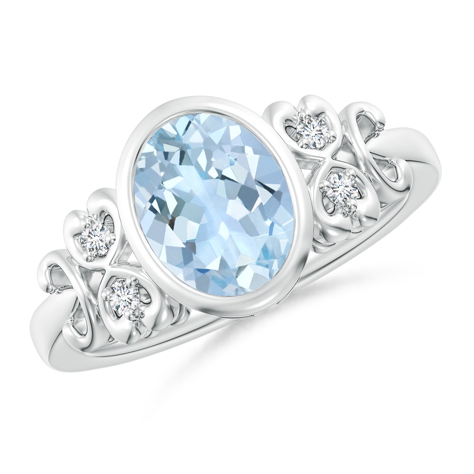 9x7mm AA Vintage Style Bezel-Set Oval Aquamarine Ring with Diamonds in White Gold 