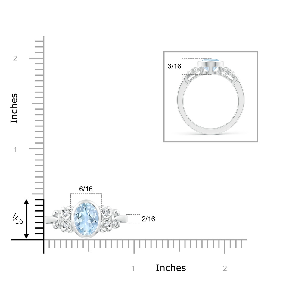 9x7mm AA Vintage Style Bezel-Set Oval Aquamarine Ring with Diamonds in White Gold ruler