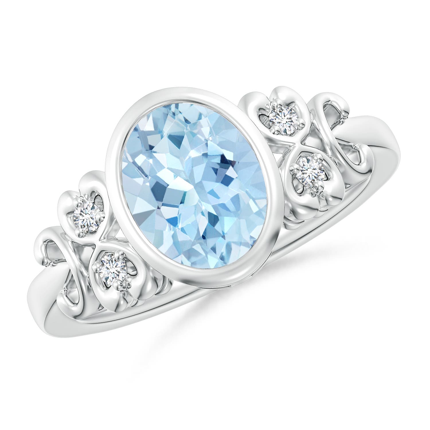 9x7mm AAA Vintage Style Bezel-Set Oval Aquamarine Ring with Diamonds in P950 Platinum