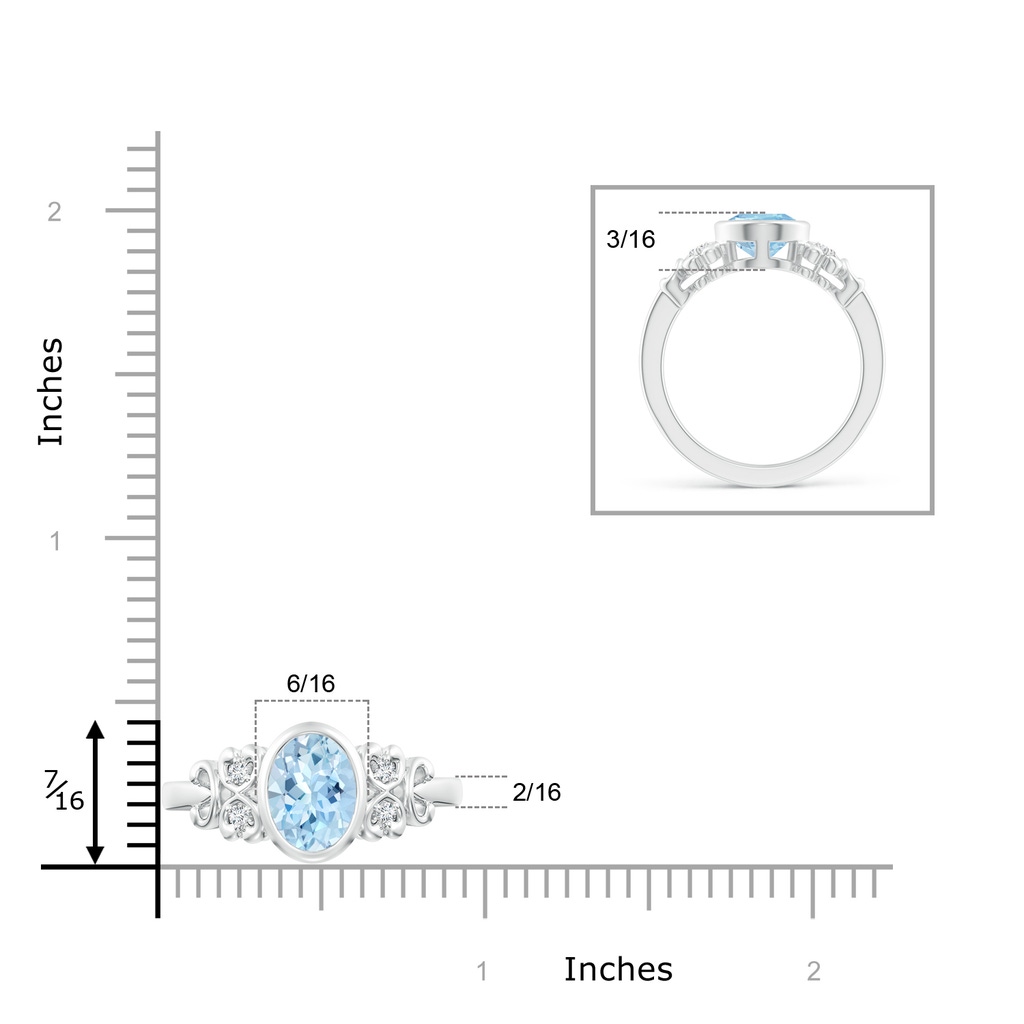 9x7mm AAA Vintage Style Bezel-Set Oval Aquamarine Ring with Diamonds in White Gold Ruler