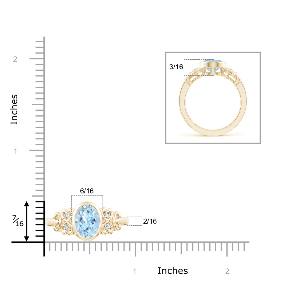 9x7mm AAA Vintage Style Bezel-Set Oval Aquamarine Ring with Diamonds in Yellow Gold ruler