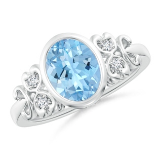 9x7mm AAAA Vintage Style Bezel-Set Oval Aquamarine Ring with Diamonds in P950 Platinum