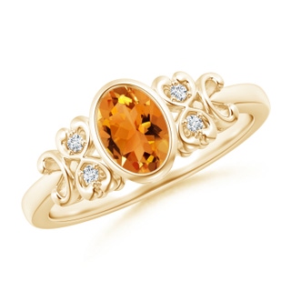 7x5mm AAA Vintage Style Bezel-Set Oval Citrine Ring with Diamonds in 9K Yellow Gold