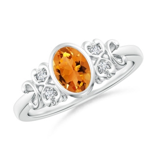 7x5mm AAA Vintage Style Bezel-Set Oval Citrine Ring with Diamonds in White Gold