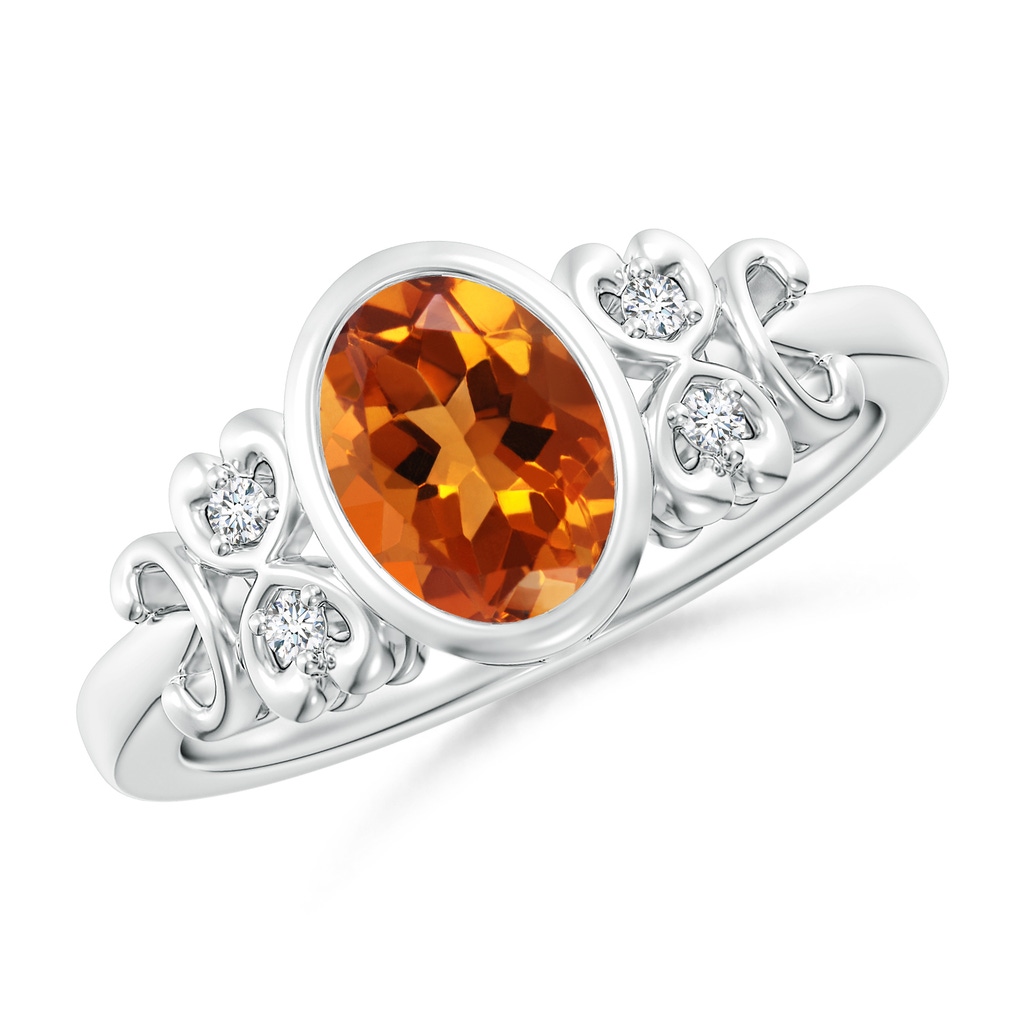 8x6mm AAAA Vintage Style Bezel-Set Oval Citrine Ring with Diamonds in White Gold