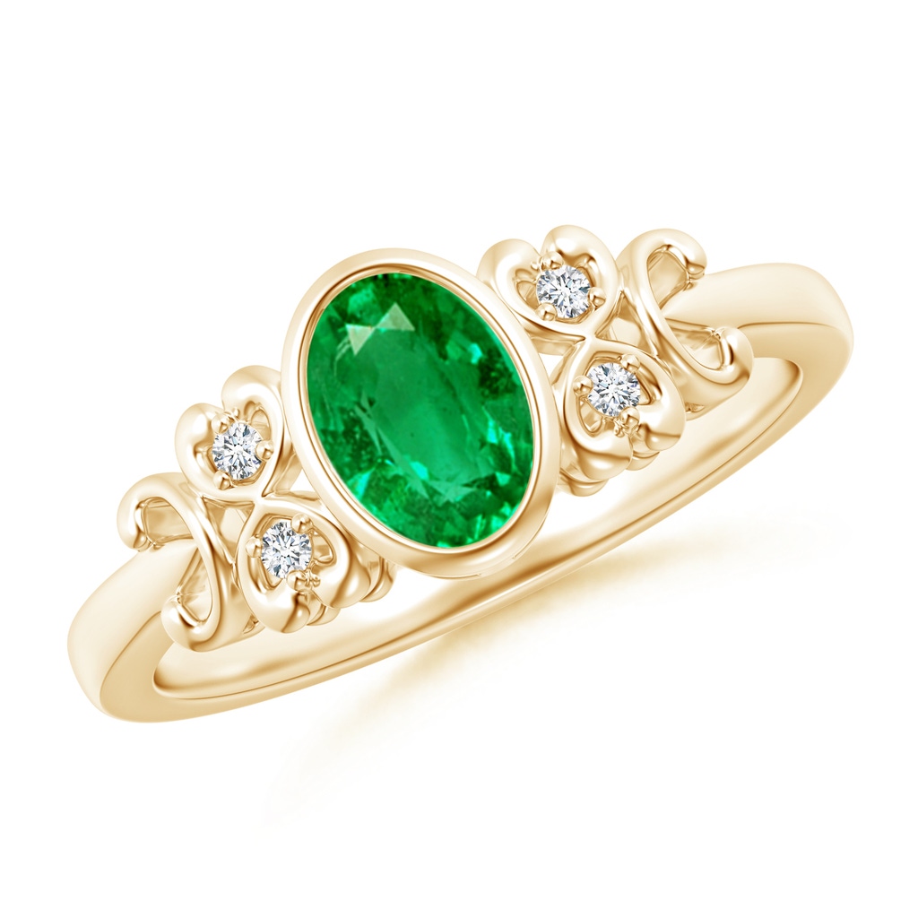 7x5mm AAA Vintage Style Bezel-Set Oval Emerald Ring with Diamonds in Yellow Gold