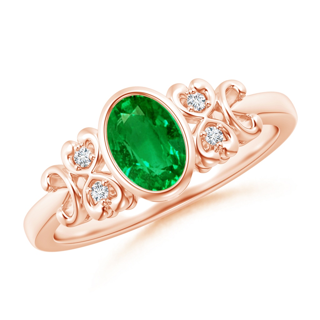 7x5mm AAAA Vintage Style Bezel-Set Oval Emerald Ring with Diamonds in Rose Gold