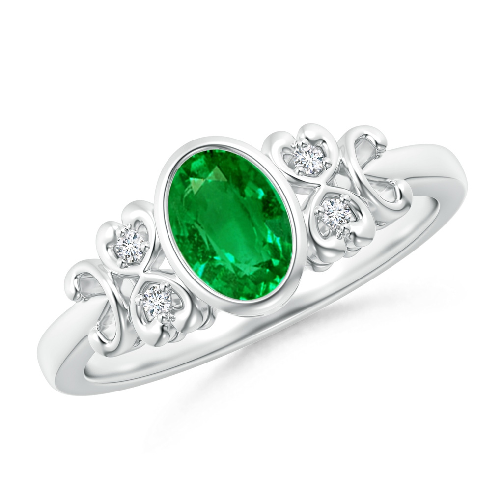 7x5mm AAAA Vintage Style Bezel-Set Oval Emerald Ring with Diamonds in White Gold