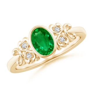 7x5mm AAAA Vintage Style Bezel-Set Oval Emerald Ring with Diamonds in Yellow Gold
