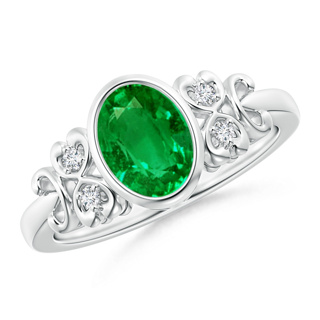 8x6mm Lab-Grown Vintage Style Bezel-Set Oval Emerald Ring with Diamonds in White Gold