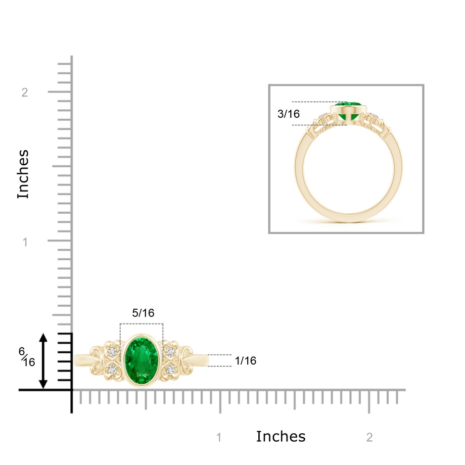 8x6mm Lab-Grown Vintage Style Bezel-Set Oval Emerald Ring with Diamonds in Yellow Gold ruler