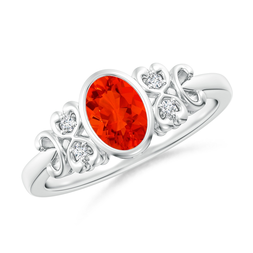 7x5mm AAAA Vintage Style Bezel-Set Oval Fire Opal Ring with Diamonds in P950 Platinum