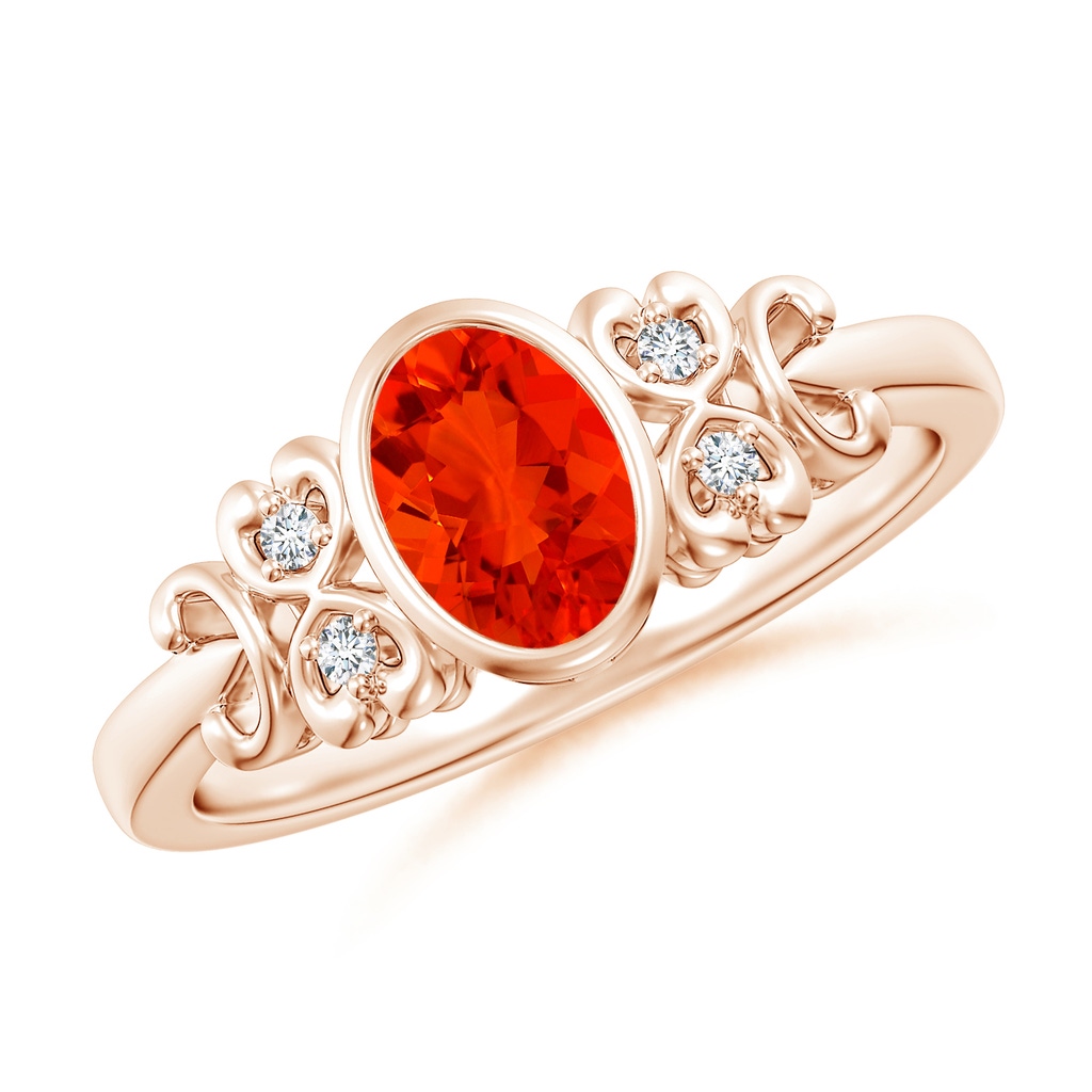7x5mm AAAA Vintage Style Bezel-Set Oval Fire Opal Ring with Diamonds in Rose Gold
