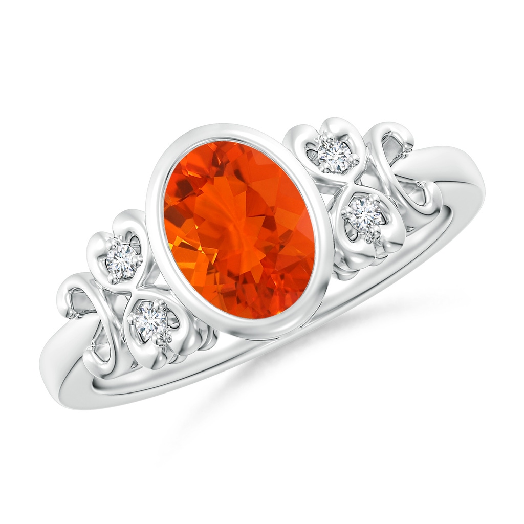 8x6mm AAA Vintage Style Bezel-Set Oval Fire Opal Ring with Diamonds in White Gold 