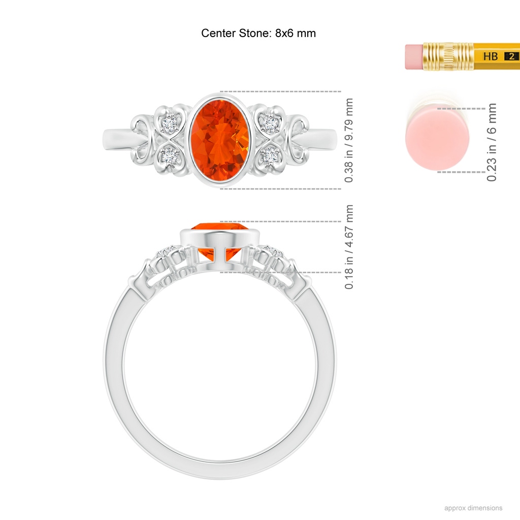 8x6mm AAA Vintage Style Bezel-Set Oval Fire Opal Ring with Diamonds in White Gold Ruler