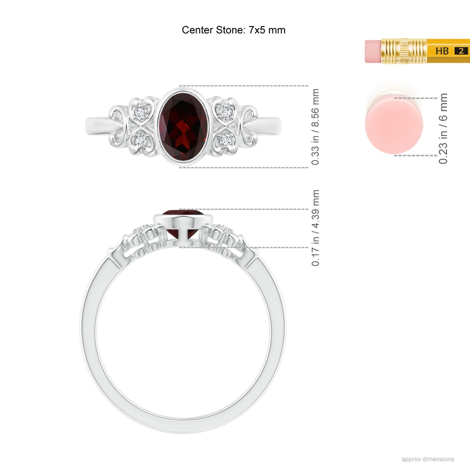 7x5mm A Vintage Style Bezel-Set Oval Garnet Ring with Diamonds in White Gold ruler
