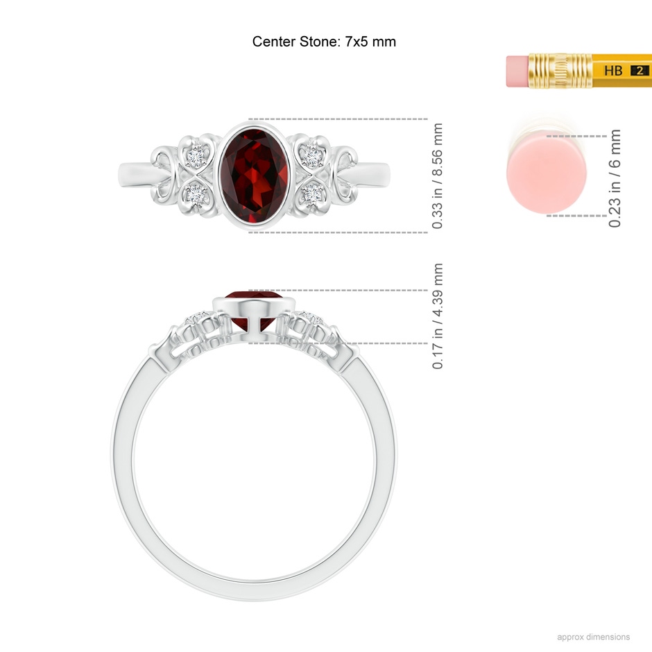 7x5mm AAA Vintage Style Bezel-Set Oval Garnet Ring with Diamonds in White Gold ruler