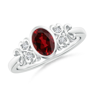 7x5mm AAAA Vintage Style Bezel-Set Oval Garnet Ring with Diamonds in White Gold