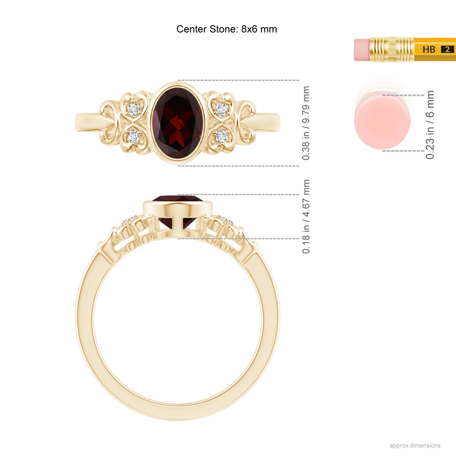 8x6mm A Vintage Style Bezel-Set Oval Garnet Ring with Diamonds in Yellow Gold ruler