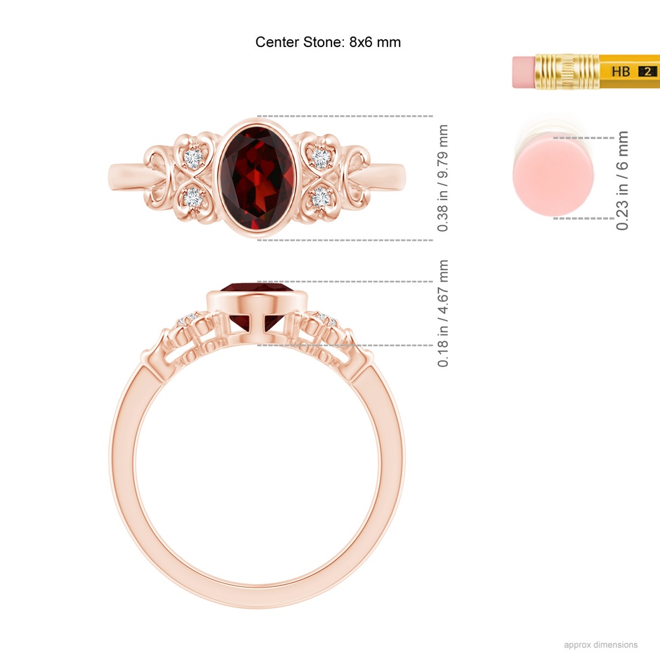 8x6mm AAA Vintage Style Bezel-Set Oval Garnet Ring with Diamonds in Rose Gold ruler