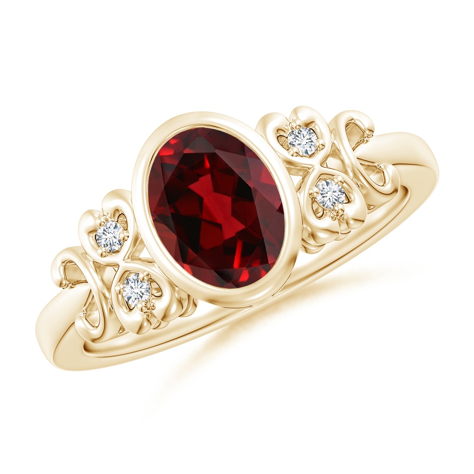 8x6mm AAAA Vintage Style Bezel-Set Oval Garnet Ring with Diamonds in Yellow Gold 