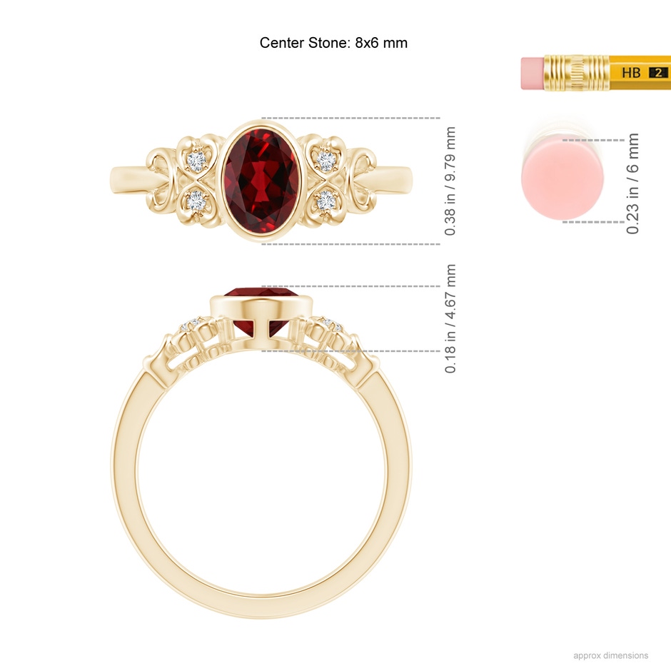 8x6mm AAAA Vintage Style Bezel-Set Oval Garnet Ring with Diamonds in Yellow Gold ruler
