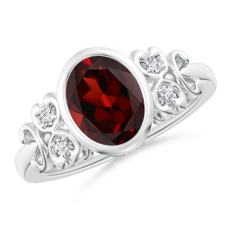 9x7mm AAA Vintage Style Bezel-Set Oval Garnet Ring with Diamonds in White Gold 