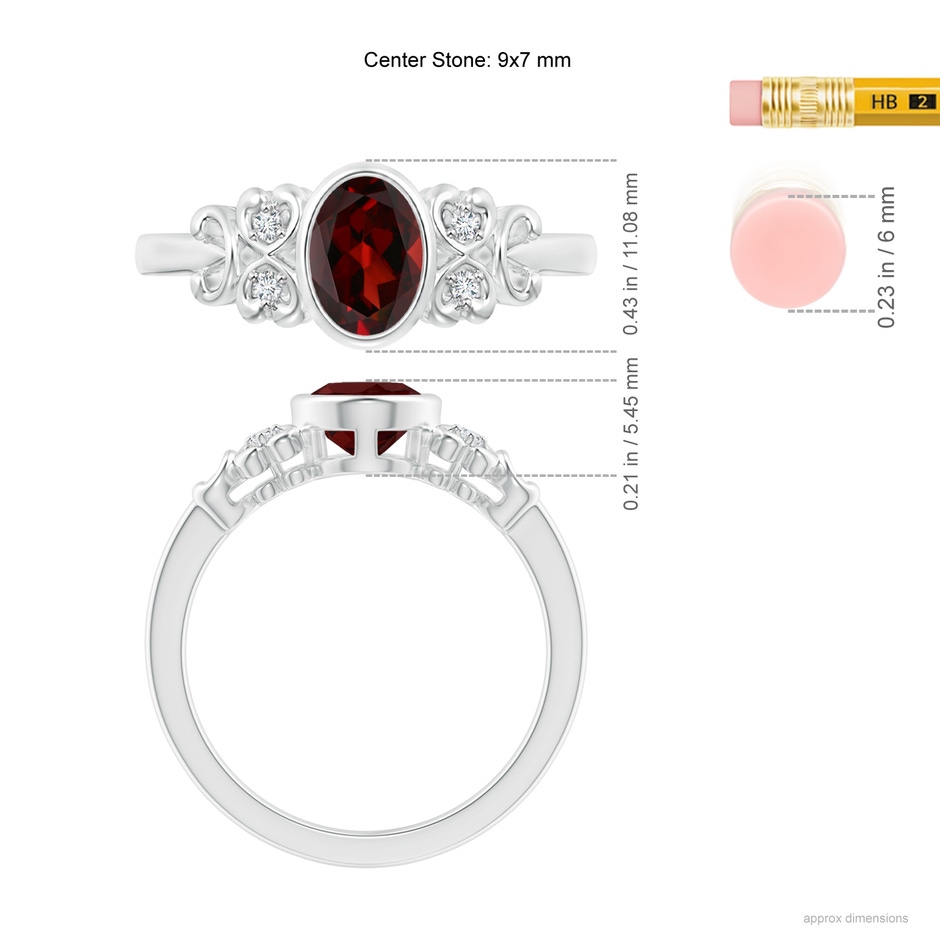 9x7mm AAA Vintage Style Bezel-Set Oval Garnet Ring with Diamonds in White Gold ruler